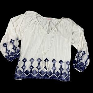 Devlin Boho Embroidered Long Sleeve V-Neck Women Top Medium White/Blue
